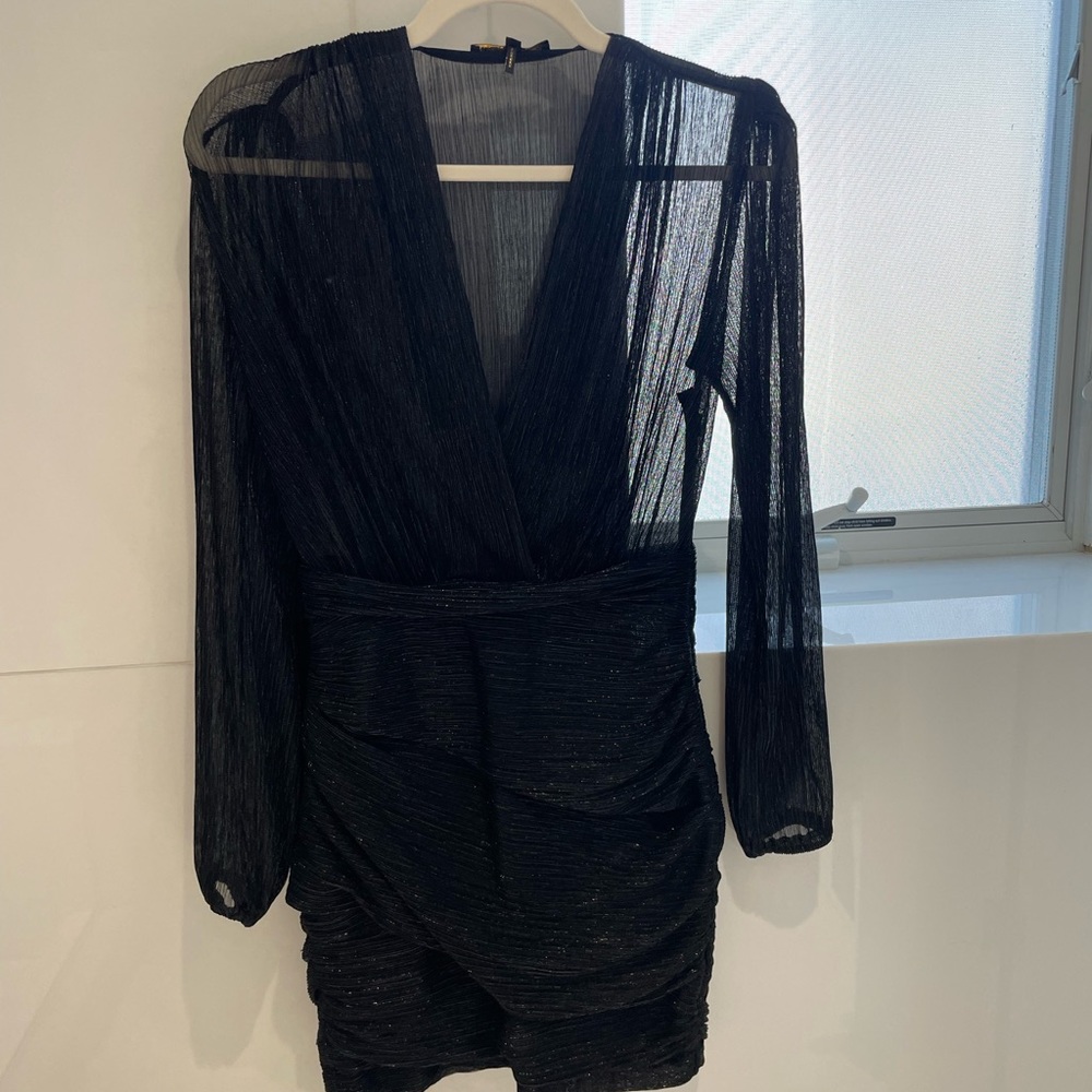 Maje Size 36 (2) black dress mini. Long sleeve v neck ruched on bottom. Fitted